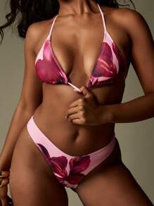 MISSGUIDED 优质花卉三角比基尼套装夏季沙滩装大花瓣吊带上衣泳衣巴西式下装度假泳池泳装 - 粉色 - 查看 1