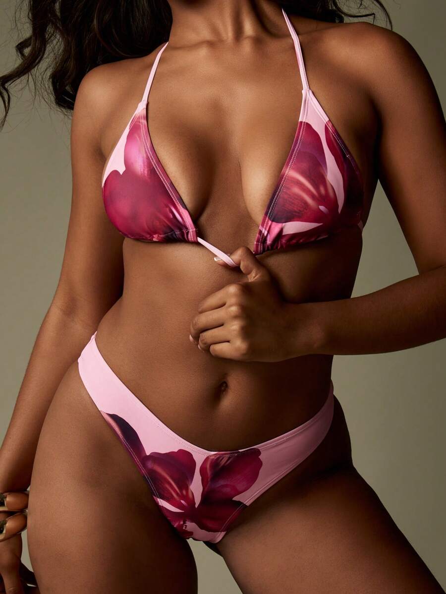 MISSGUIDED 优质花卉三角比基尼套装夏季沙滩装大花瓣吊带上衣泳衣巴西式下装度假泳池泳装 - 粉色 - 查看 1