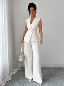 Elenzga Women's Elegant Office Commute Afternoon Tea Party Asymmetric Hem Sleeveless Blazer Jacket & Stretchy Waist Band Pants 2 Pieces Suit Set, Spring/Summer