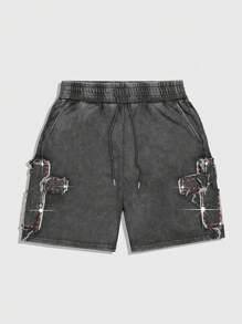 ROMWE MEN Street Life Shorts casuais masculinos com strass e decoração de patch, cordão e bolsos na cintura - Preto - Ver 1