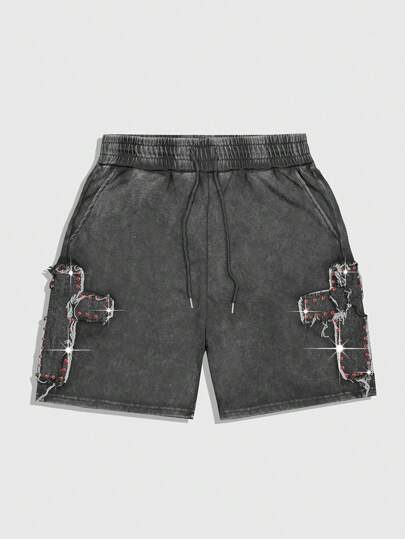 Grunge Punk Short casual pour hommes avec taille à cordon, poches et décor de strass et patchs