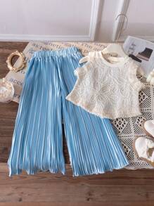 2件套少女图案钩针蕾丝花朵流苏背心上衣和冰丝褶皱阔腿裤夏季服装，度假，休闲，可爱 - 藍色 - 查看 6