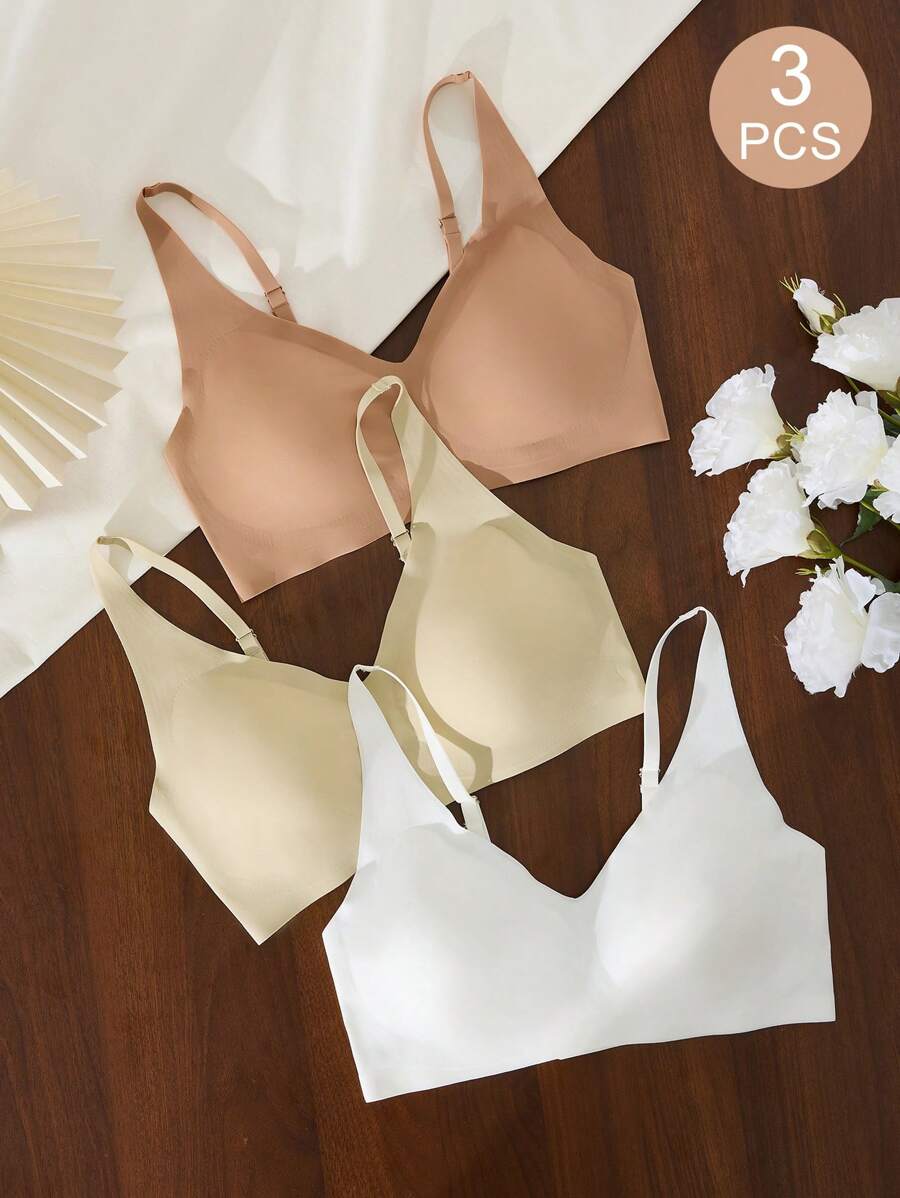 SHEIN 休闲舒适三件套纯色简约V领设计可调节肩带可拆卸垫无钢圈女士内衣文胸 - 彩色 - 查看 1