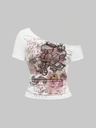 Grunge Punk All-Over Print Asymmetric Collar Ruched Summer Casual Short Sleeve T-Shirt