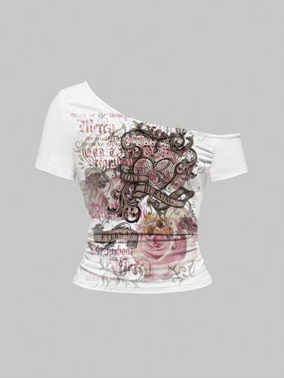 Grunge Punk All-Over Print Asymmetric Collar Ruched Summer Casual Short Sleeve T-Shirt