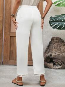 EMERY ROSE Pantaloni casual da donna di colore unito a vita stretta, pantaloni estivi da donna bianchi con tasche - Bianco - Visualizzare 2