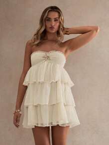 Glamine 女士夏季纯色露肩海星装饰蛋糕短裙、夏季、女士连衣裙、女士度假装、褶边连衣裙、飘逸短裙、爱与柠檬水连衣裙、层叠荷叶边连衣裙、奶油色连衣裙、女士白色连衣裙 - 杏色 - 查看 4