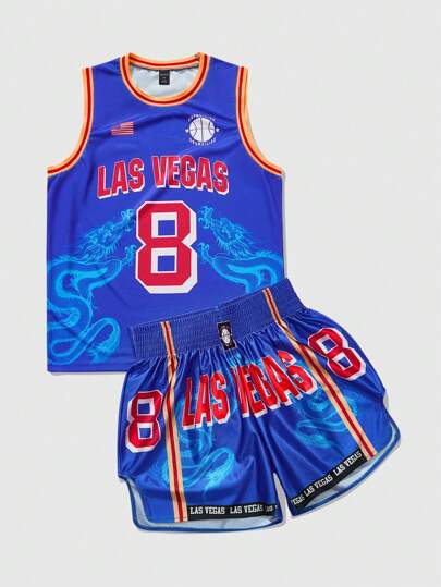 Anime Herren Sport-Set mit Drachen-Muster bestehend aus Weste und Boxershorts