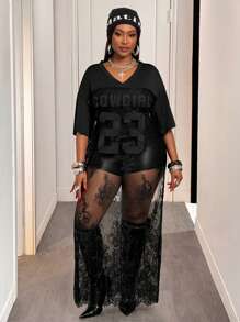 Slaydiva Đầm jersey thể thao thường ngày phong cách đường phố Xuân Hè 2026, chất liệu ren xuyên thấu gợi cảm, họa tiết số màu đen, cỡ lớn. - màu đen - Xem 1