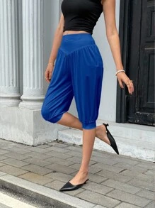 Pariaura 女士纯色高腰褶皱休闲七分裤，适合夏季大学生穿着 - 寶藍色 - 查看 7