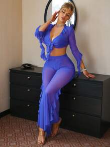 4Pcs French Romantic Ruffled Sexy Lingerie Set - Royal Blue - View 5