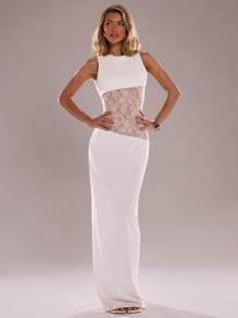 SHEIN BAE 纯黑色无袖紧身腰蕾丝拼布透视超长不对称连衣裙，性感度假透视连衣裙 - 白色 - 查看 2