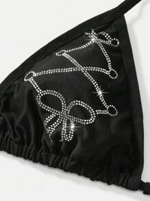 ROMWE Gothic Goth Style Bow Cross Rhinestone Halter Bra And Thong Lingerie Set With Bandage - Black - View 4