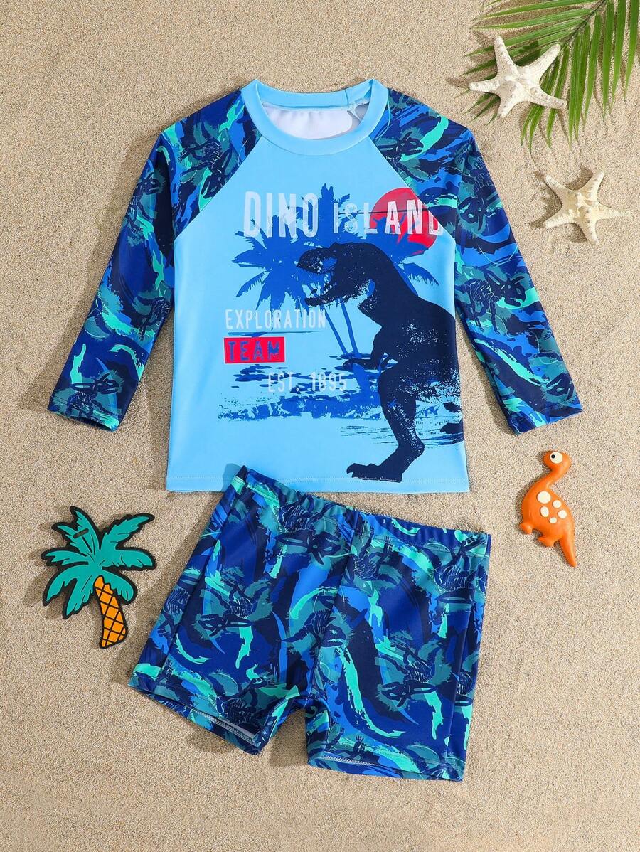 Young Boy Mandarin Collar Printed Round Neck Long Sleeve Rash Guard And Shorts Swimwear Set - Multicolor - View 1