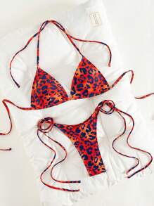 Swim SXY 2pcs Set Bikini Wanita Motif Leopard Gradien Acak dengan Cup Segitiga dan Belahan Leher untuk Liburan Pantai Musim Panas - MultiWarna - View 4