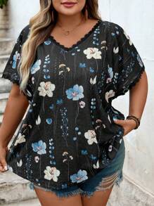 SHEIN CURVE+ Women's Plus Size Printed Lace Trimmed Summer T-Shirt Boho Vacation