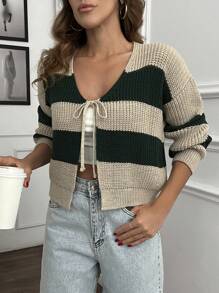 EURMUSE Women's Casual Striped Tie Front Detailed Bow Tie V Neck Long Sleeve Loose Fit Cardigan Winter Crop Cardigan Women Striped Cardigan Cute Fall Winter Styles Cropped Cardigan Knit Top Sweater Top Knitted Tops Women's Summer Sweaters - Beige - View 4