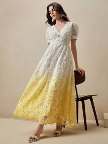 Anewsta Neues elegantes Kleid mit V-Ausschnitt, wasserlöslicher Spitze und Farbverlauf-Effekt, Sommerkleidung für Frauen, buttergelb