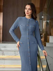 Modelyn Đầm len cổ tròn dài thanh lịch cho nữ - Màu xanh bụi bặm - Xem 7