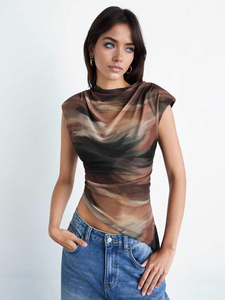 SHEIN Maija Women Tie-Dye Marble Print Crew Neck Shoulder Pad Casual Top With Asymmetric Hem, Versatile For Spring, Birthday, Club, Teacher