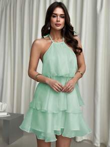 Firerie 情人节新款优雅浪漫约会露背多层下摆白色欧根纱挂脖A字裙泡泡裙洛丽塔连衣裙 - 薄荷藍 - 查看 4