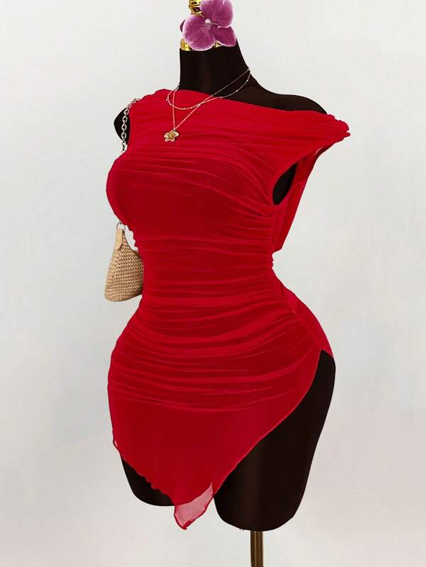 Amplova Plus Size Women Solid Color Asymmetric Neck Mesh Ruched High Slit Mid-Calf Dress