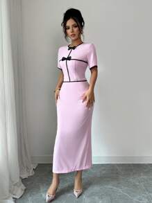 Modelyn 2pcs/Set Women's Simple Bow Decor Short Sleeve Top And Skirt Suit - Pink - View 4