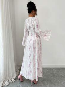 Yasmyna 女士紫色扎染印花拼接缎带领系带A字长袖阿拉伯连衣裙 - 紫色 - 查看 2