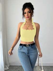 INAWLY Sexy Vacation Black Halter Tie Ruffled Neck Cropped Tank Top For Women - Yellow - View 3