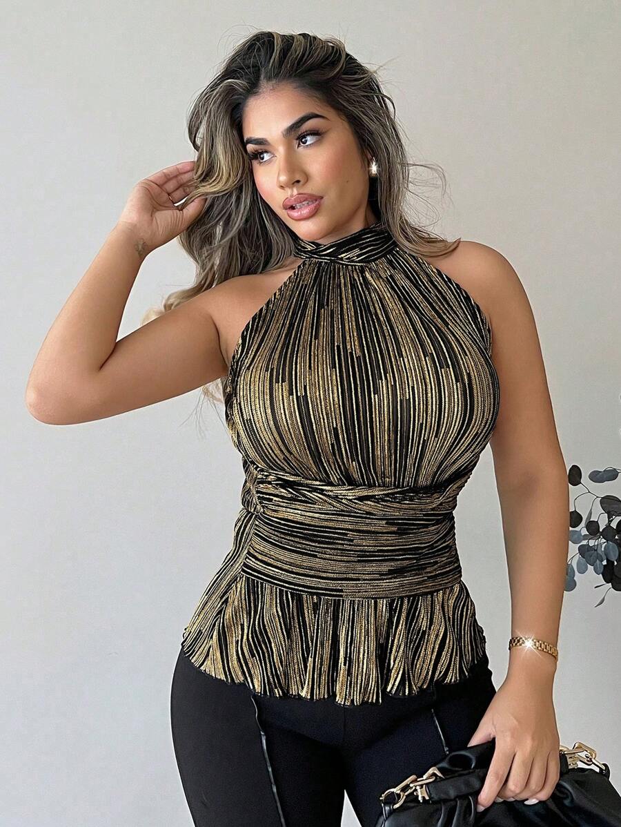 Xyvia Blusa de mujer con diseño plisado de cintura delgada y sexy - Multicolor - Ver 1