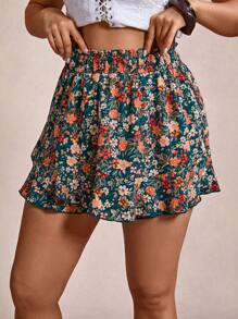 SHEIN VCAY 女式加大码节日花卉印花松紧腰宽松荷叶边下摆短裤夏季西部复古海滩度假乡村秋季教师复古女式波西米亚风 - 彩色 - 查看 5