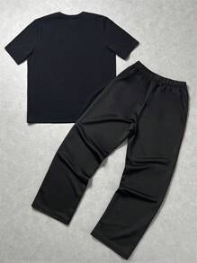 SHEIN Set de 2 piezas de Camiseta de cuello redondo con estampado gráfico y pantalón de chándal para adolescentes varones, versátil para ir y venir, escuela, uso casual diario, vacaciones, ropa deportiva, adecuado para primavera/verano