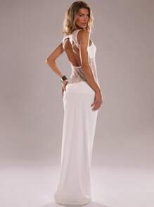 SHEIN BAE 纯黑色无袖紧身腰蕾丝拼布透视超长不对称连衣裙，性感度假透视连衣裙 - 白色 - 查看 4