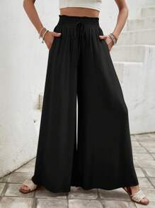 Easowa Paperbag Waist Wide Leg Trousers - Black - View 5