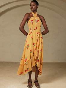 GENKIRA Elegantes und raffiniertes vintage französisches charmantes personalisiertes Urlaubs-Design hochwertiges Chiffon-Romantik-Kleid mit Polka-Punkt- und Blumenprint, Kreuz-Ausschnitt, geraffter Taille, schlanker Passform, Volant-Saum, ärmelloس für Frauen - Gelb - Übersicht 4