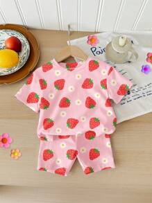 SHEIN Happikins Young Girl Cute Strawberry Flower Print Casual Loose Round Neck Short Sleeve T-Shirt And Tight Shorts 2 Pieces Set, Suitable For Summer, Chill Chill - Multicolor - View 3
