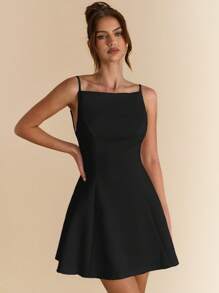 SHEIN BAE Váy suông hở lưng màu trắng thanh lịch, phù hợp cho hẹn hò, nghỉ mát, lễ hội âm nhạc, sinh nhật, tiệc trưa, khách dự tiệc cưới, phù dâu, mùa xuân/hè - màu đen - Xem 7