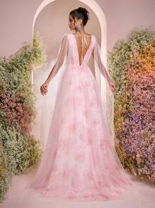 Glamrae 浪漫优雅粉色欧根纱印花 V 领褶皱后背可调节系带连衣裙，搭配 A 字飘逸裙和透明肩部，适合正式场合女士晚礼服（厚重质地）