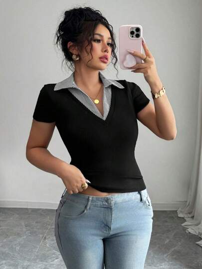 Elenzga 女士加大码优雅拼色领拼接修身弹力休闲百搭时尚设计短袖衬衫上衣，2025 年春夏新品