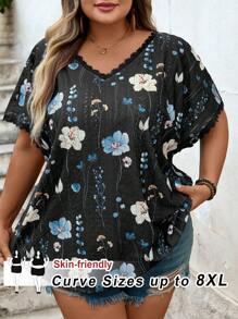 SHEIN CURVE+ Women's Plus Size Printed Lace Trimmed Summer T-Shirt Boho Vacation