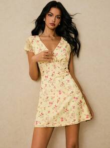 Poéselle Vestido casual corto de mujer con estampado floral, cuello en V y mangas cortas para el verano