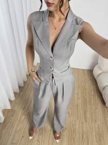 Modelyn 2pcs/Set Women Short Waist Fitted Vest With Lapel Collar And Pants - Grey - View 7