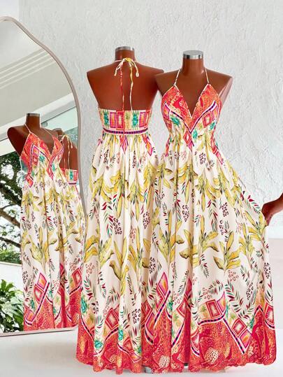 Flirla Vestido camisero sin espalda con estampado tropical para vacaciones de verano, talla grande para mujer