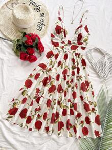 Soleia Vestido de tirantes finos con escote en V, espalda descubierta y largo medio para vacaciones de mujer. Vestido de mujer con estampado retro de parches de colores, para uso de verano.