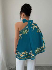 Rafferiza Blusa elegante de mujer con un hombro, manga de murciélago, bajo asimétrico y con lazo