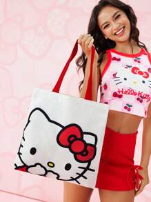 HELLO KITTY AND FRIENDS | SHEIN 1pc Of Cute Red Cartoon Pattern Canvas Tote Bag, Suitable For Students, Women, Suitable For Commuting, School, Outings, Travel, Shopping, Light, Easy To Carry, Can Hold A Computer, Kitty - White - View 2
