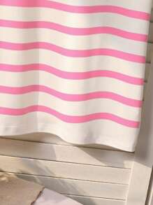 SHEIN 女童条纹印花宽松圆领短袖粉色 T 恤，适合青少年女孩的休闲夏季 T 恤