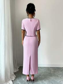 Modelyn 2pcs/Set Women's Simple Bow Decor Short Sleeve Top And Skirt Suit - Pink - View 2