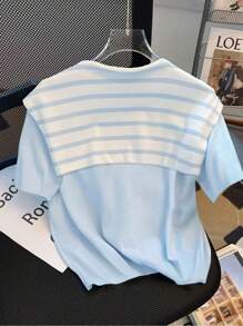 INAWLY 大码休闲简约拼色短袖T恤，适合日常通勤 - 藍色 - 查看 2