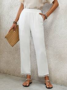 EMERY ROSE Pantaloni casual da donna di colore unito a vita stretta, pantaloni estivi da donna bianchi con tasche - Bianco - Visualizzare 8